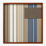 Front view of Coastal Diary SQ122 blue, white, beige, and taupe geometric yarn wall art in a frame.