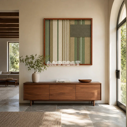 Olive Solitude SQ123 framed textile art with olive, sage, forest green, sandy beige, and cream geometric yarn.