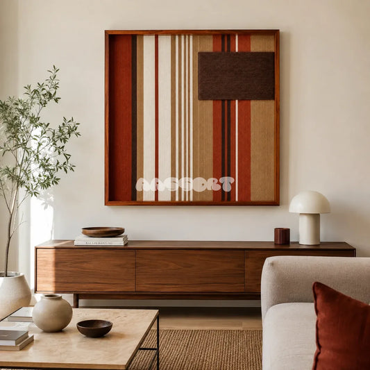 Mocha Prelude SQ124 framed textile art with mocha brown, terracotta, sandy beige, and cream geometric yarn.