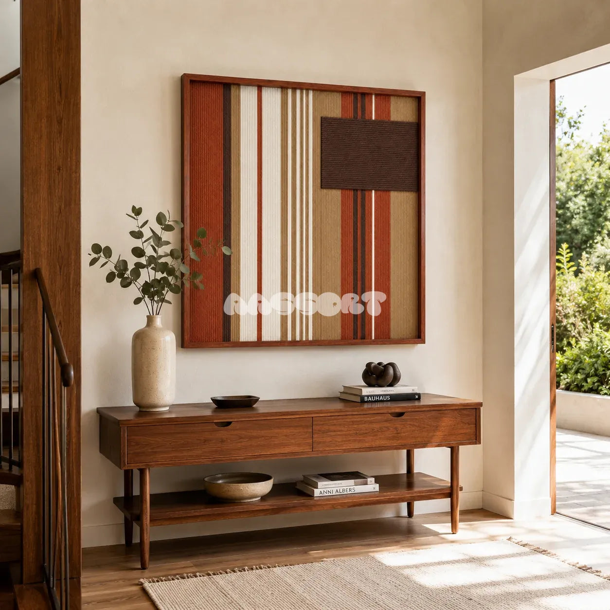 Mocha Prelude SQ124 warm geometric fiber artwork displayed in a welcoming contemporary home interior.