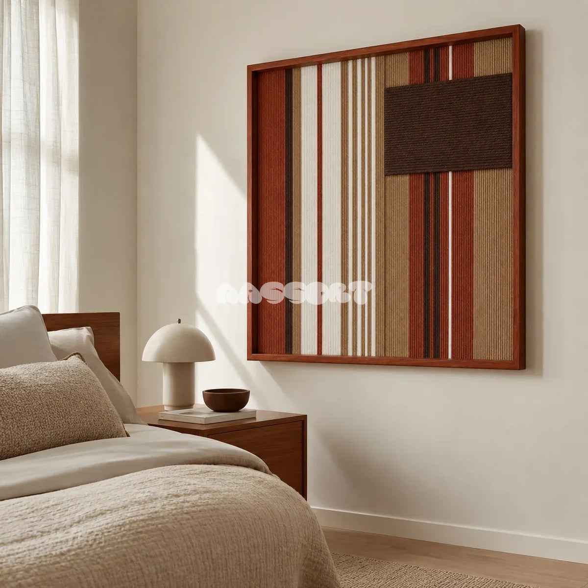 Mocha Prelude SQ124 framed yarn wall art featuring rhythmic earth-tone stripes and an asymmetric mocha accent.