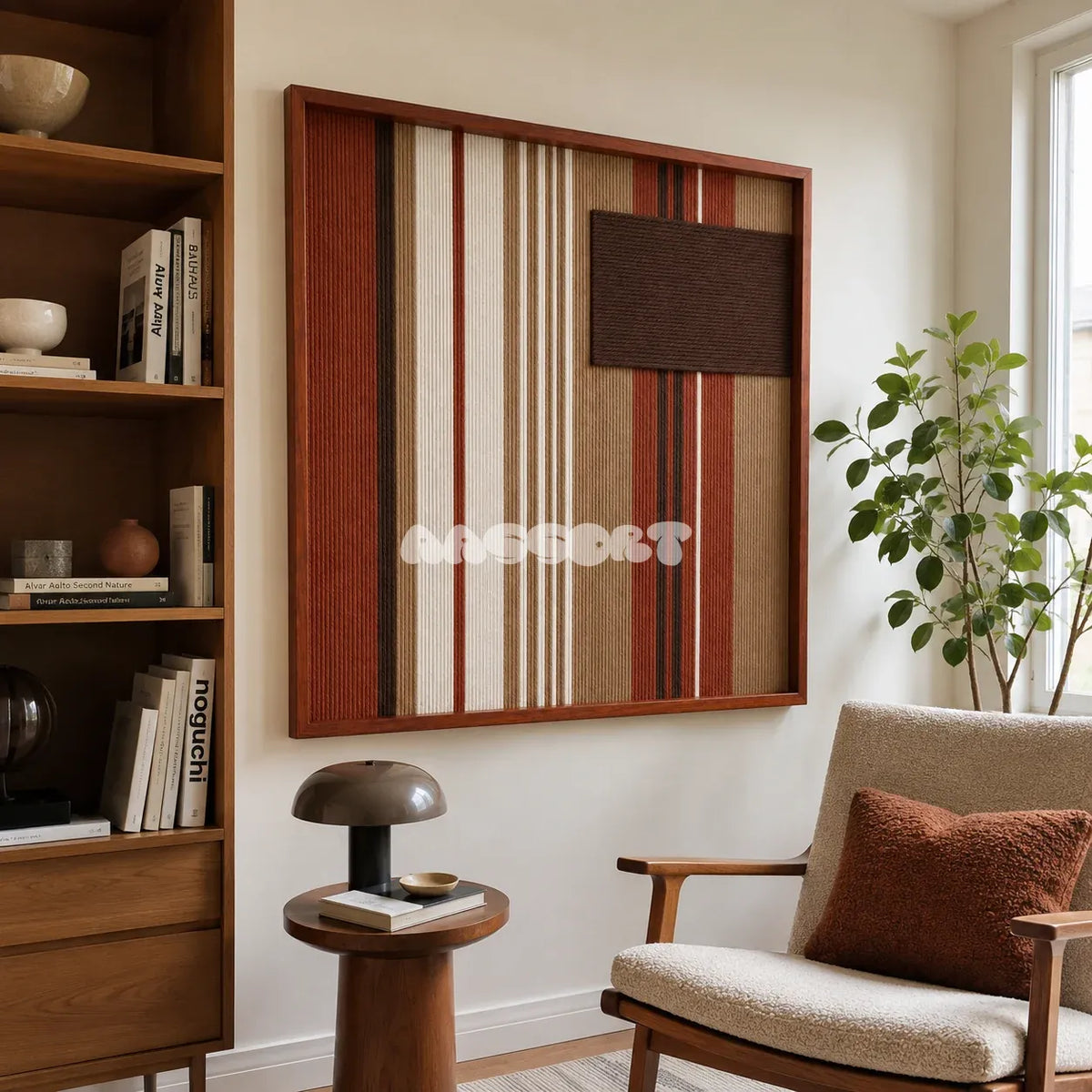 Mocha Prelude SQ124 mid-century inspired textile artwork displayed as a grounded modern interior statement piece.