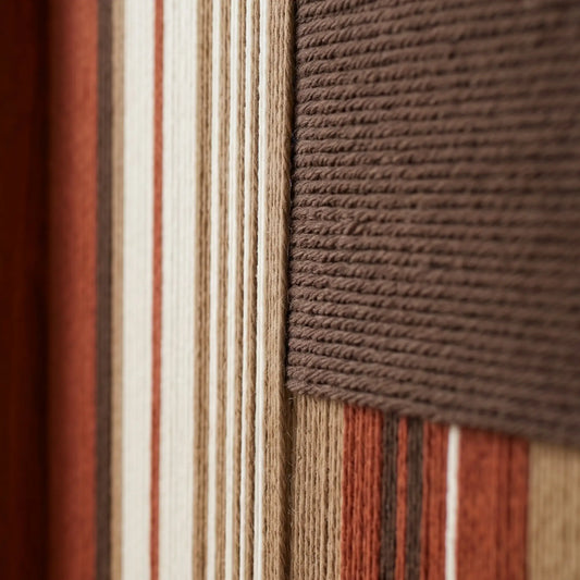Close-up of Mocha Prelude SQ124 showing a raised dark mocha yarn block over terracotta, beige, and cream stripes.