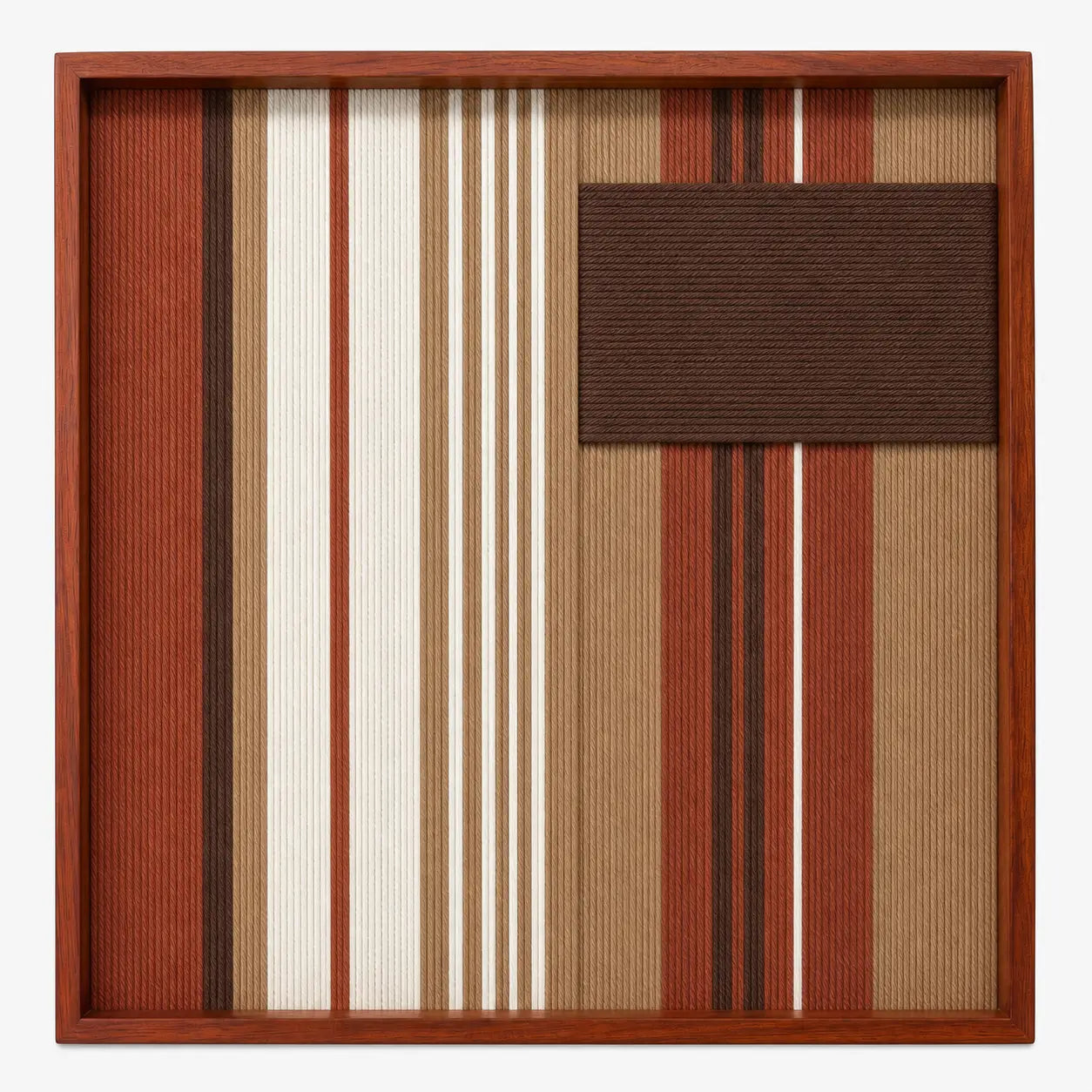 Front view of Mocha Prelude SQ124 terracotta, cream, beige, and mocha geometric yarn wall art in a frame.