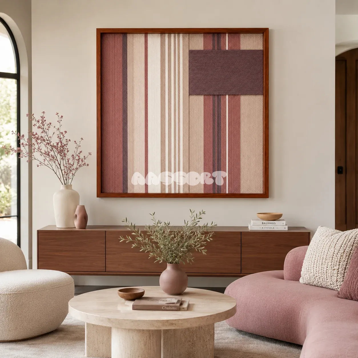 Midnight Plum SQ125 framed textile art with dusty plum, soft mauve, sandy beige, and cream geometric yarn.