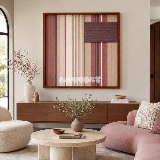 Midnight Plum SQ125 framed textile art with dusty plum, soft mauve, sandy beige, and cream geometric yarn.
