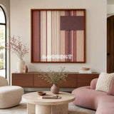 Midnight Plum SQ125 framed textile art with dusty plum, soft mauve, sandy beige, and cream geometric yarn.