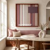 Midnight Plum SQ125 framed yarn wall art featuring rhythmic mauve and cream stripes with an asymmetric plum accent.