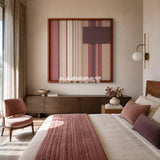 Midnight Plum SQ125 abstract fiber wall art with plum, mauve, sandy beige, and crisp cream geometry.