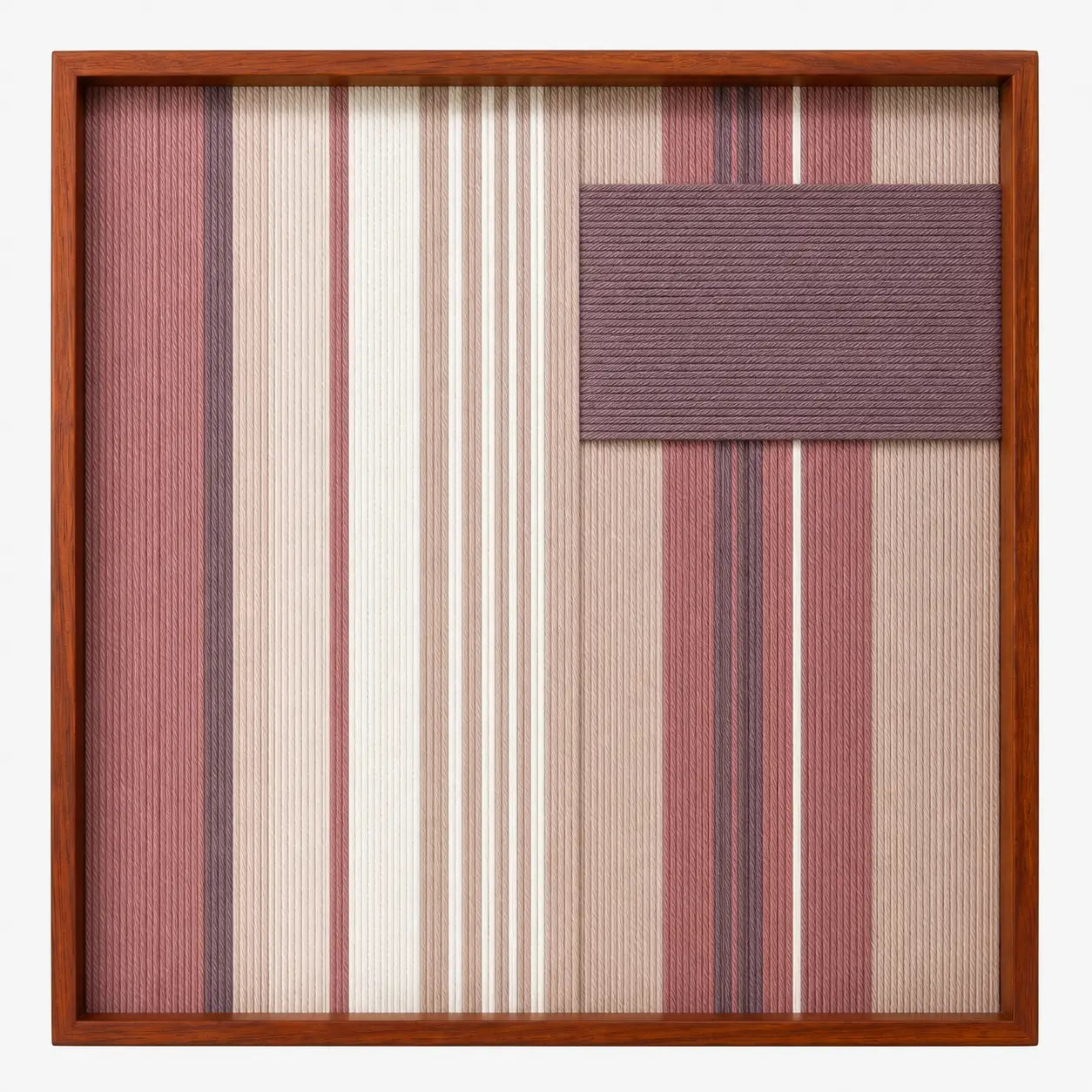 Front view of Midnight Plum SQ125 mauve, beige, cream, and plum geometric yarn wall art in a frame.