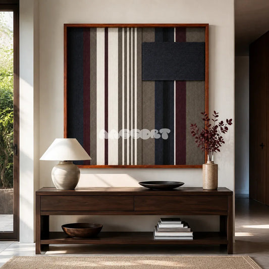 Midnight Fjord SQ126 framed textile art with dark navy, burgundy, grey, and cream geometric yarn.