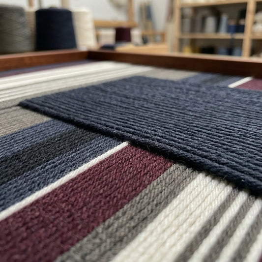 Low-angle close-up of Midnight Fjord SQ126 showing a textured navy yarn block over burgundy, grey, and cream stripes.