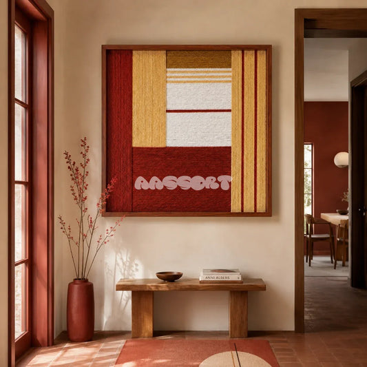 Crimson Daybreak SQ127 framed textile art with deep crimson, golden beige, crisp white, and mustard geometric yarn.