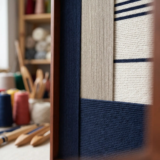 Angled close-up of Baltic Window SQ128 showing the wood frame and dimensional navy and beige yarn with spools behind.