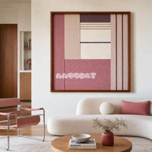 Ballet Whispers SQ129 framed textile art with dusty rose, pale blush, deep plum, and crisp white geometric yarn.