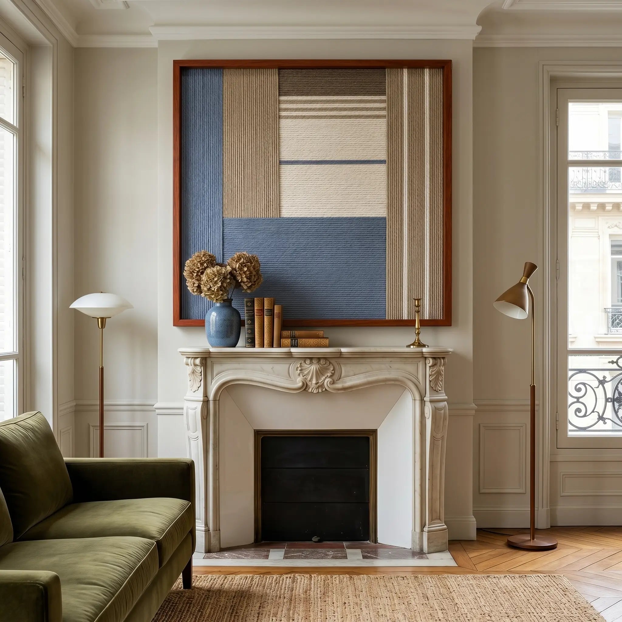 Cerulean Mist SQ130 framed textile artwork displayed above a fireplace in a bright room with an olive green sofa.