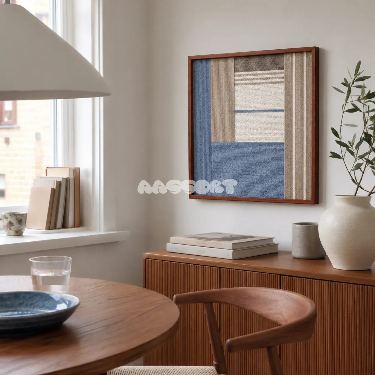 Cerulean Mist SQ130 architectural fiber wall art with cerulean blue, sandy beige, white, and taupe geometry.