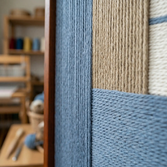 Angled close-up of Cerulean Mist SQ130 highlighting textured cerulean blue, beige, white, and taupe yarn blocks.