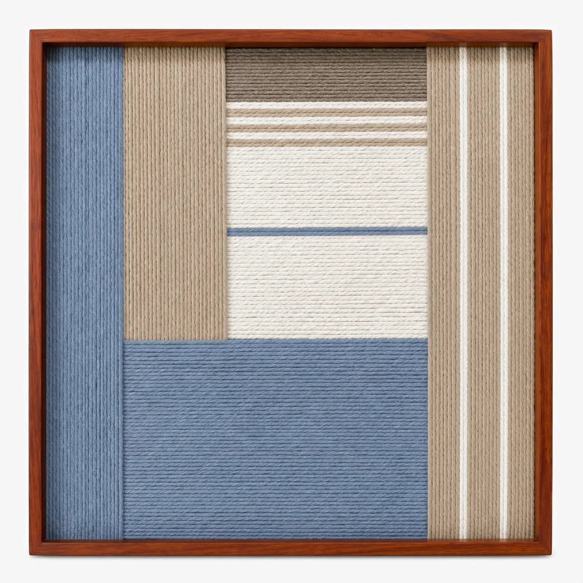 Front view of Cerulean Mist SQ130 blue, beige, white, and taupe geometric yarn wall art in a warm wood frame.