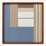 Front view of Cerulean Mist SQ130 blue, beige, white, and taupe geometric yarn wall art in a warm wood frame.