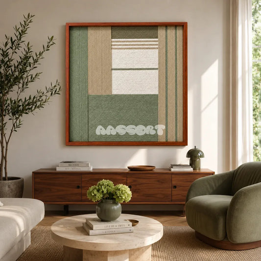 Verdant Alcove SQ131 framed textile art with sage green, sandy beige, crisp white, and dark olive geometric yarn.