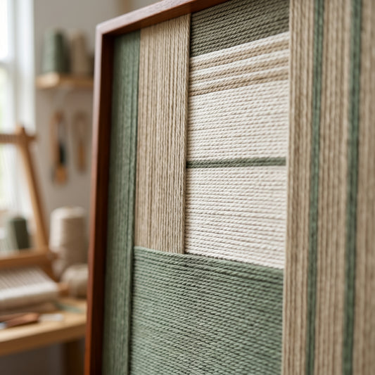 Angled close-up of Verdant Alcove SQ131 highlighting textured sage, beige, cream, and olive yarn with studio tools behind.