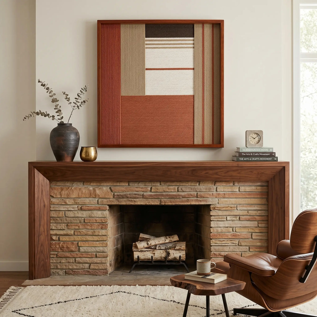 Terracotta Haven SQ132 framed textile artwork displayed above a rustic stone and wood fireplace near a leather chair.