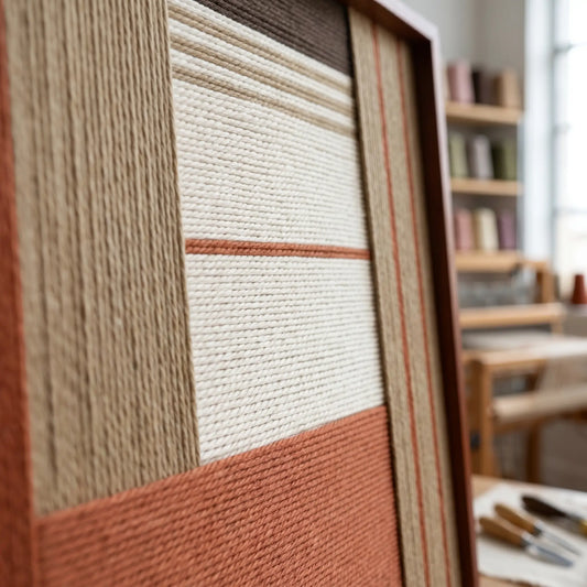 Angled close-up of Terracotta Haven SQ132 showing the wood frame and dimensional terracotta and beige yarn patterns.