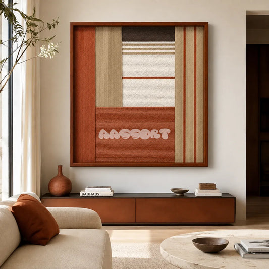 Terracotta Haven SQ132 framed textile art with rich terracotta, sandy beige, crisp white, and dark brown geometric yarn.