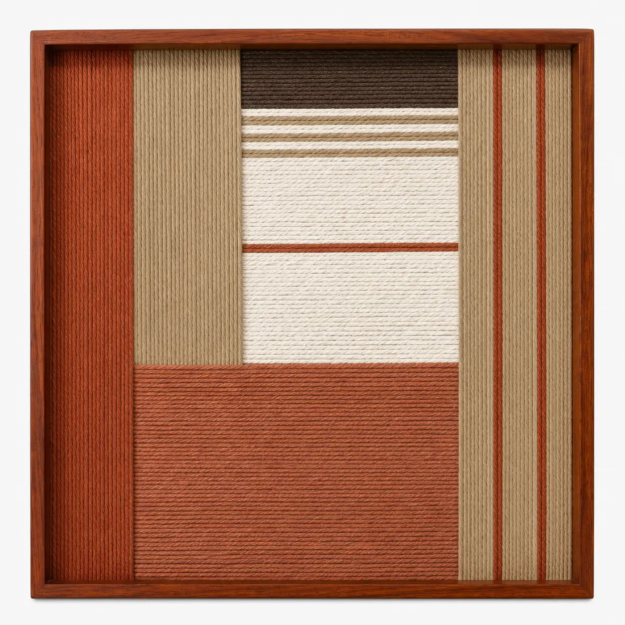 Front view of Terracotta Haven SQ132 terracotta, beige, cream, and brown geometric yarn wall art in a wood frame.
