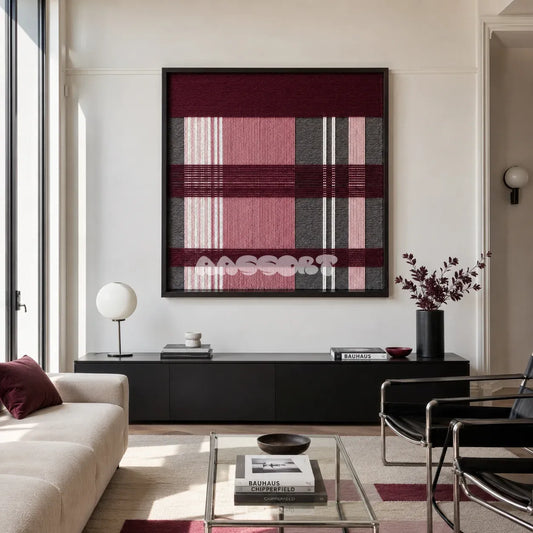 Merlot Veil SQ133 framed textile art with deep burgundy, dusty pink, charcoal grey, white, and pale pink geometric yarn.