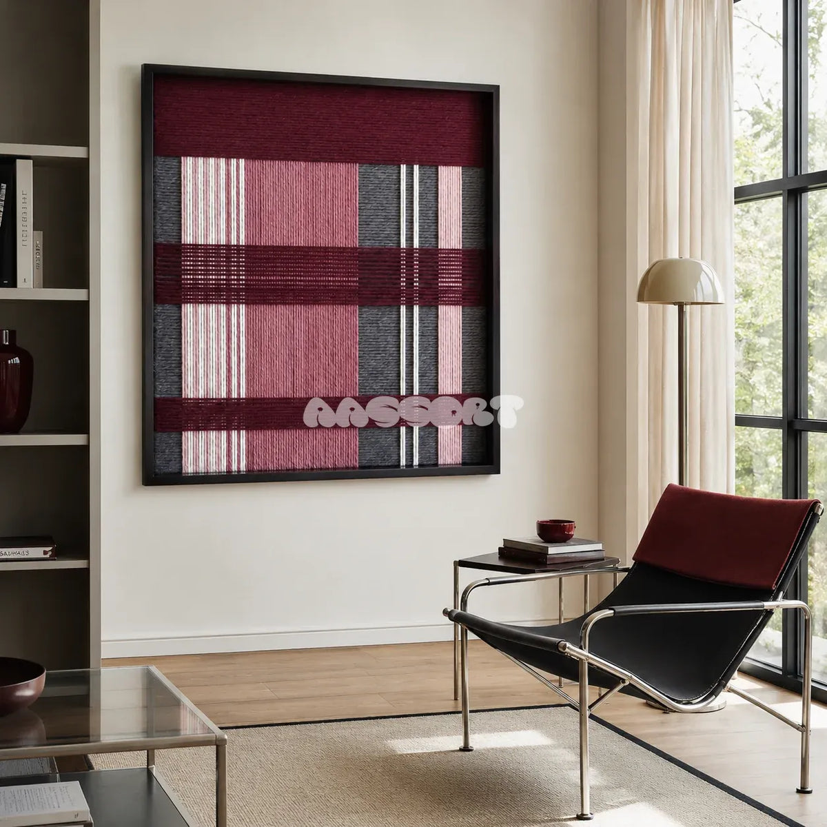 Merlot Veil SQ133 sophisticated geometric fiber artwork displayed in a moody contemporary home interior.