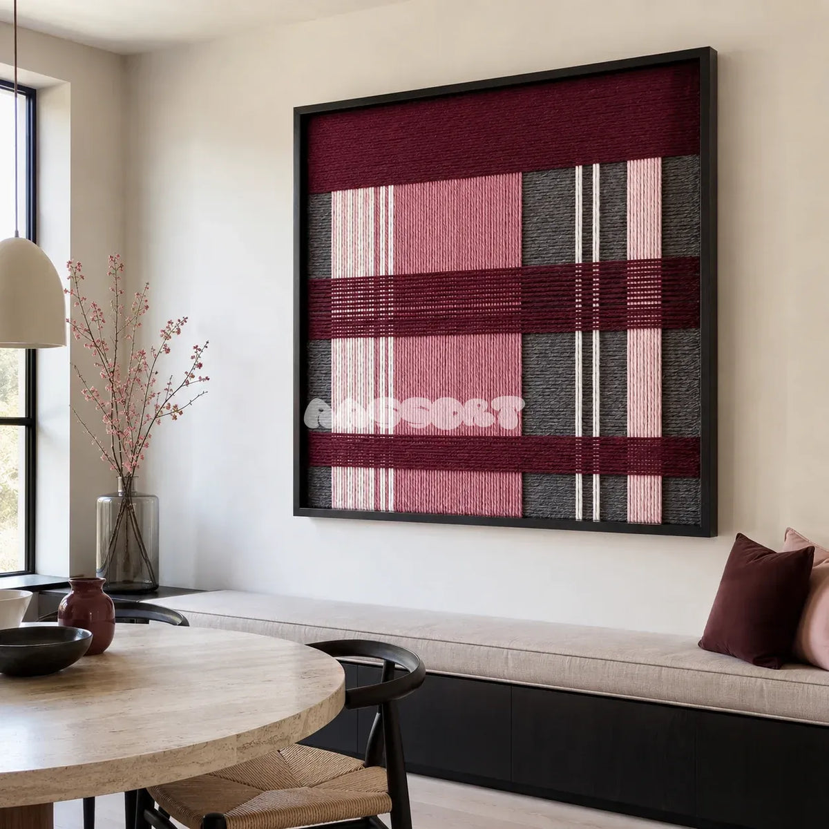 Merlot Veil SQ133 framed yarn wall art featuring rich burgundy bands over pink, white, and charcoal vertical stripes.