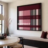 Merlot Veil SQ133 framed yarn wall art featuring rich burgundy bands over pink, white, and charcoal vertical stripes.