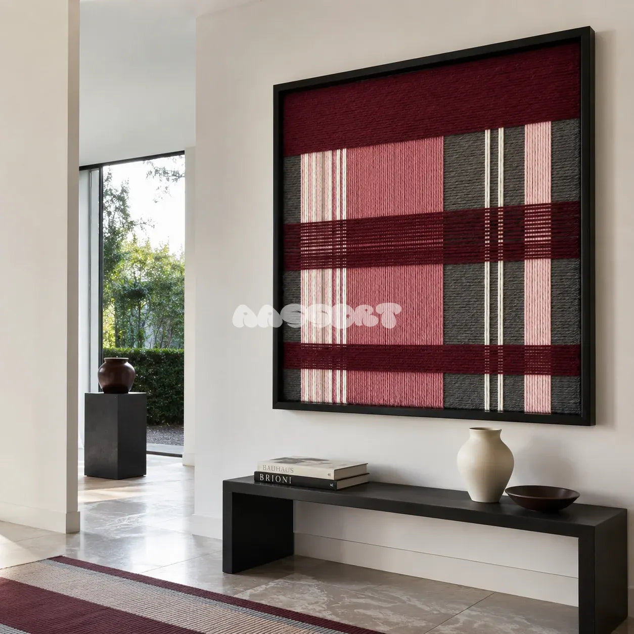 Merlot Veil SQ133 dramatic textile artwork displayed as an elegant modern interior statement piece.