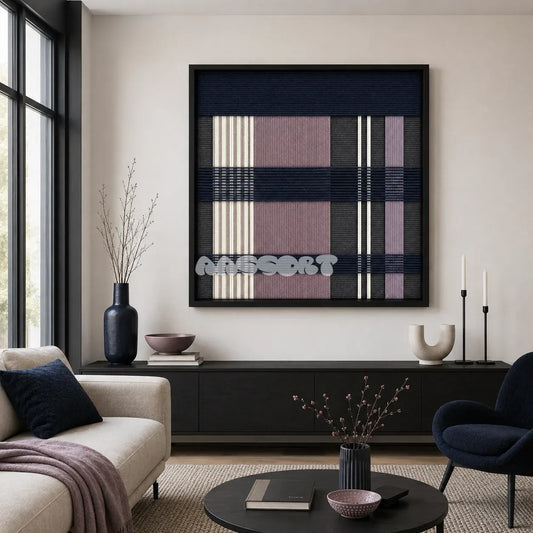 Midnight Lavender SQ134 framed textile art with deep navy, dusty lavender, charcoal grey, and crisp white geometric yarn.