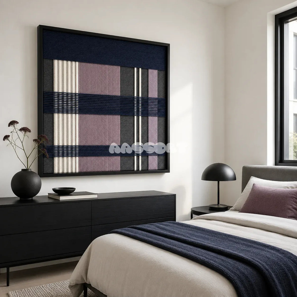 Midnight Lavender SQ134 sophisticated Nordic fiber artwork displayed in a moody contemporary home interior.