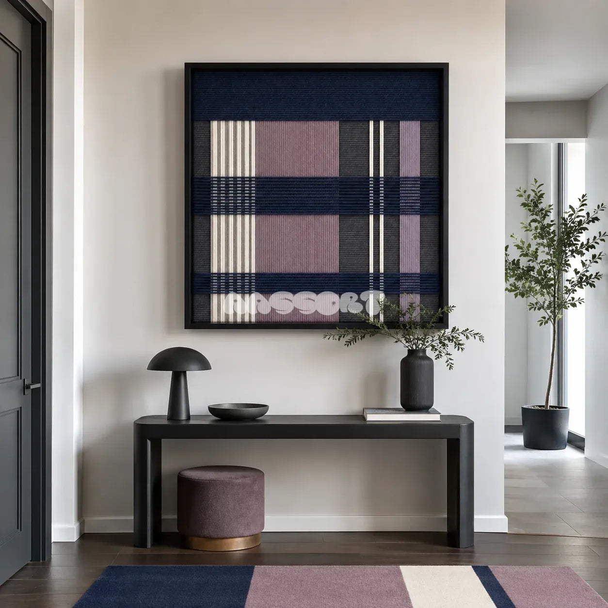 Midnight Lavender SQ134 framed yarn wall art featuring navy horizontal bands over lavender, white, and charcoal stripes.