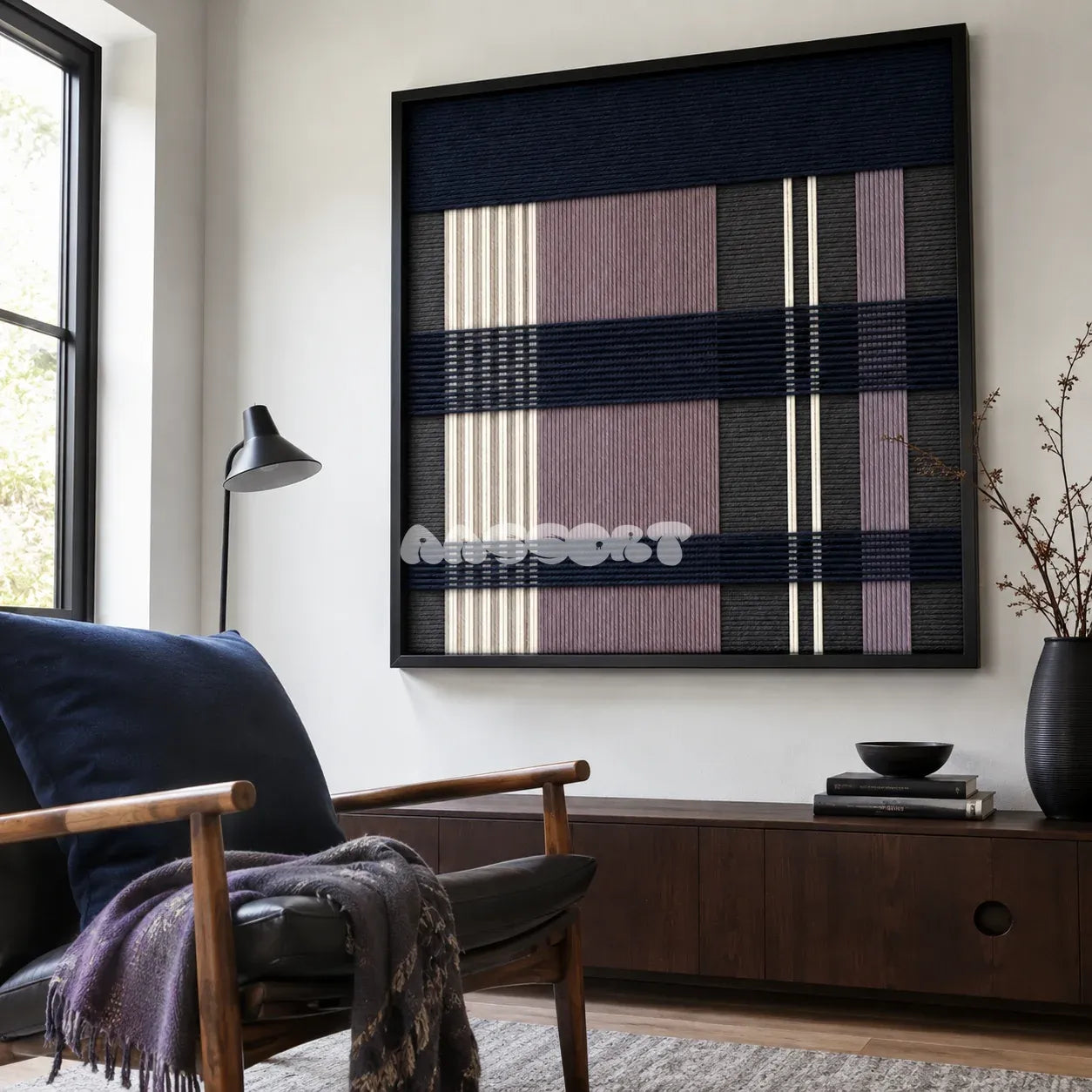Midnight Lavender SQ134 elegant textile artwork displayed as a dramatic modern interior statement piece.
