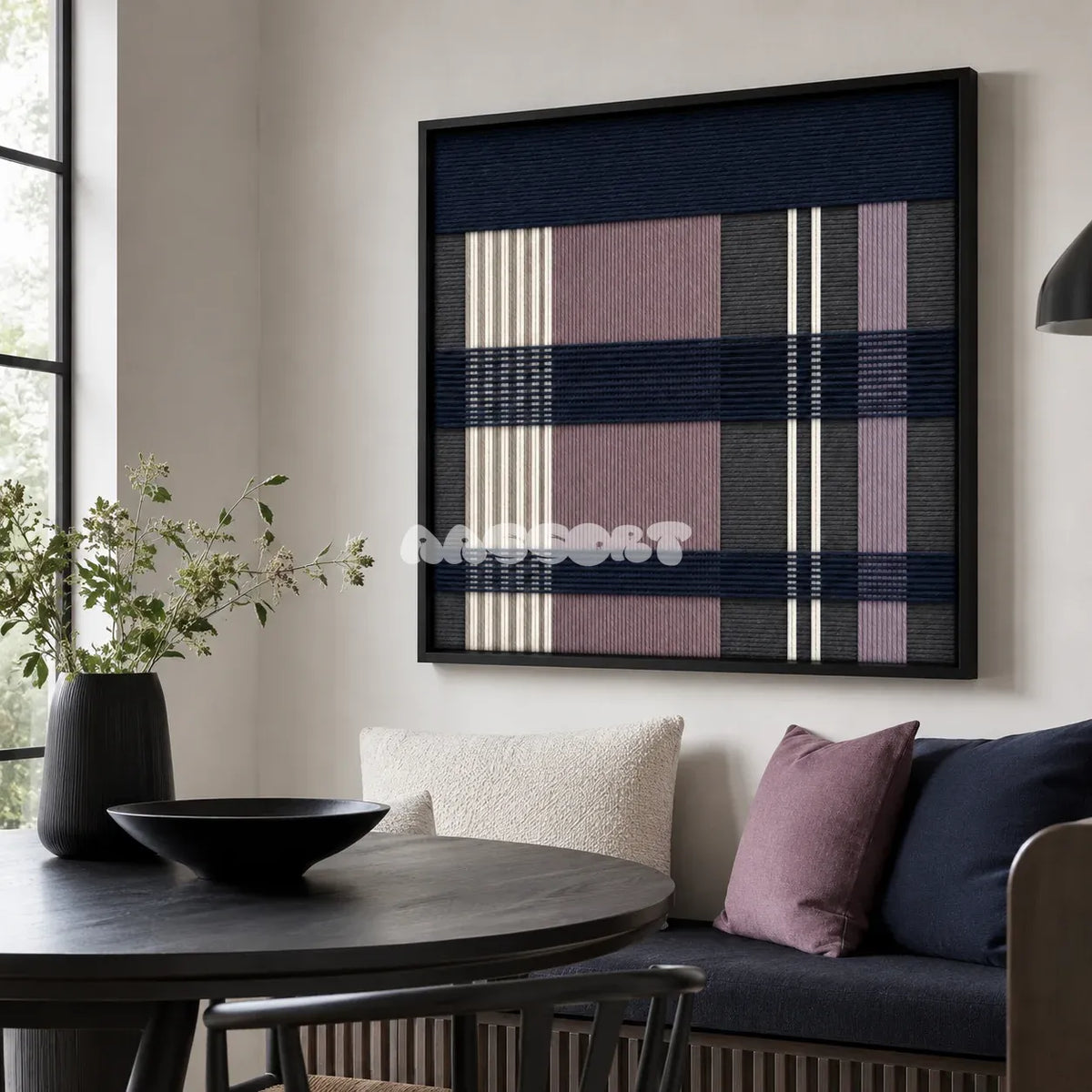 Midnight Lavender SQ134 contemporary fiber wall art with navy, dusty lavender, charcoal grey, and white geometry.