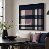Midnight Lavender SQ134 contemporary fiber wall art with navy, dusty lavender, charcoal grey, and white geometry.