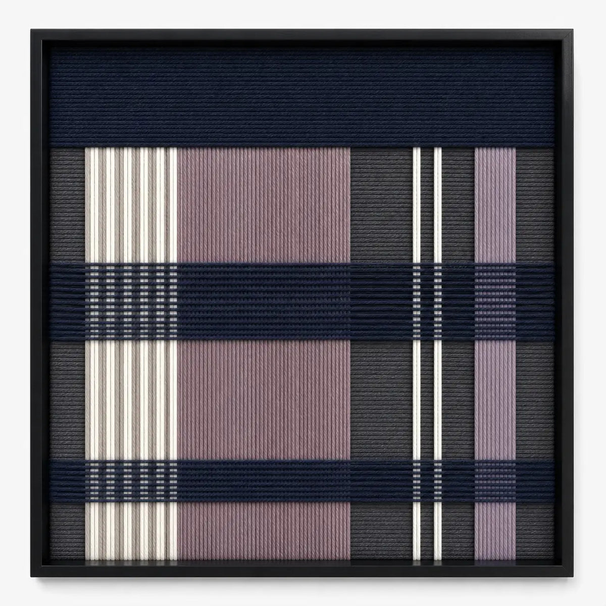 Front view of Midnight Lavender SQ134 navy, lavender, cream, and charcoal geometric yarn wall art in a black frame.