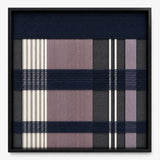 Front view of Midnight Lavender SQ134 navy, lavender, cream, and charcoal geometric yarn wall art in a black frame.
