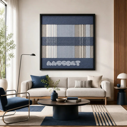 Foggy Pier SQ135 framed textile art with slate blue, soft grey, light sky blue, and crisp white geometric yarn.