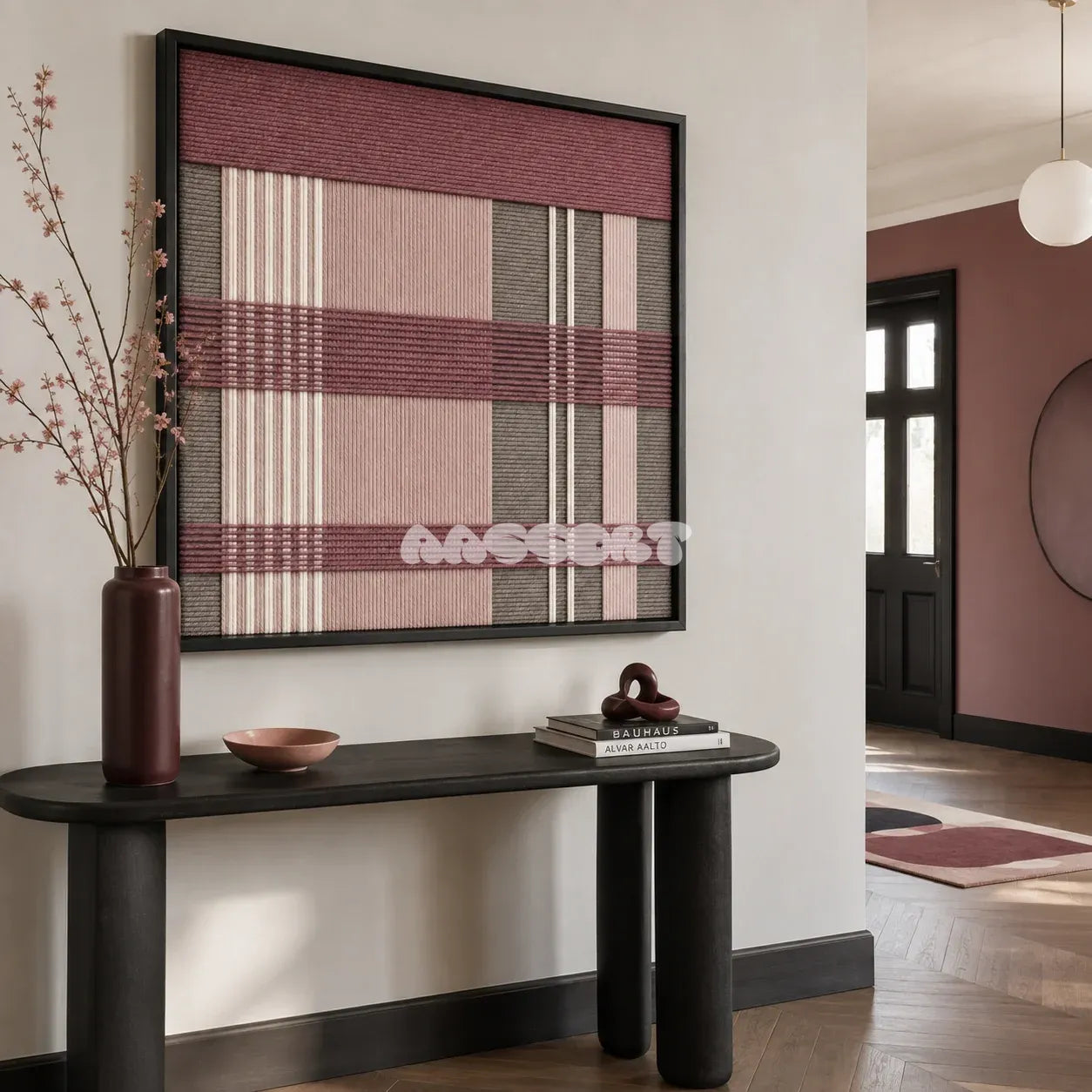 Nostalgic Bloom SQ136 framed yarn wall art featuring dusty rose horizontal bands over blush, cream, and taupe stripes.