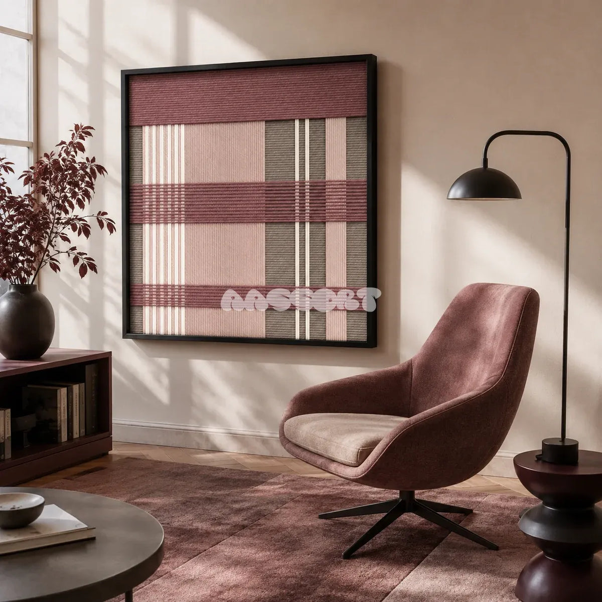Nostalgic Bloom SQ136 contemporary fiber wall art with dusty rose, soft blush, warm taupe, and cream geometry.