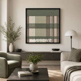 Celadon Mist SQ137 framed textile art with celadon green, warm taupe, soft beige, and crisp white geometric yarn.