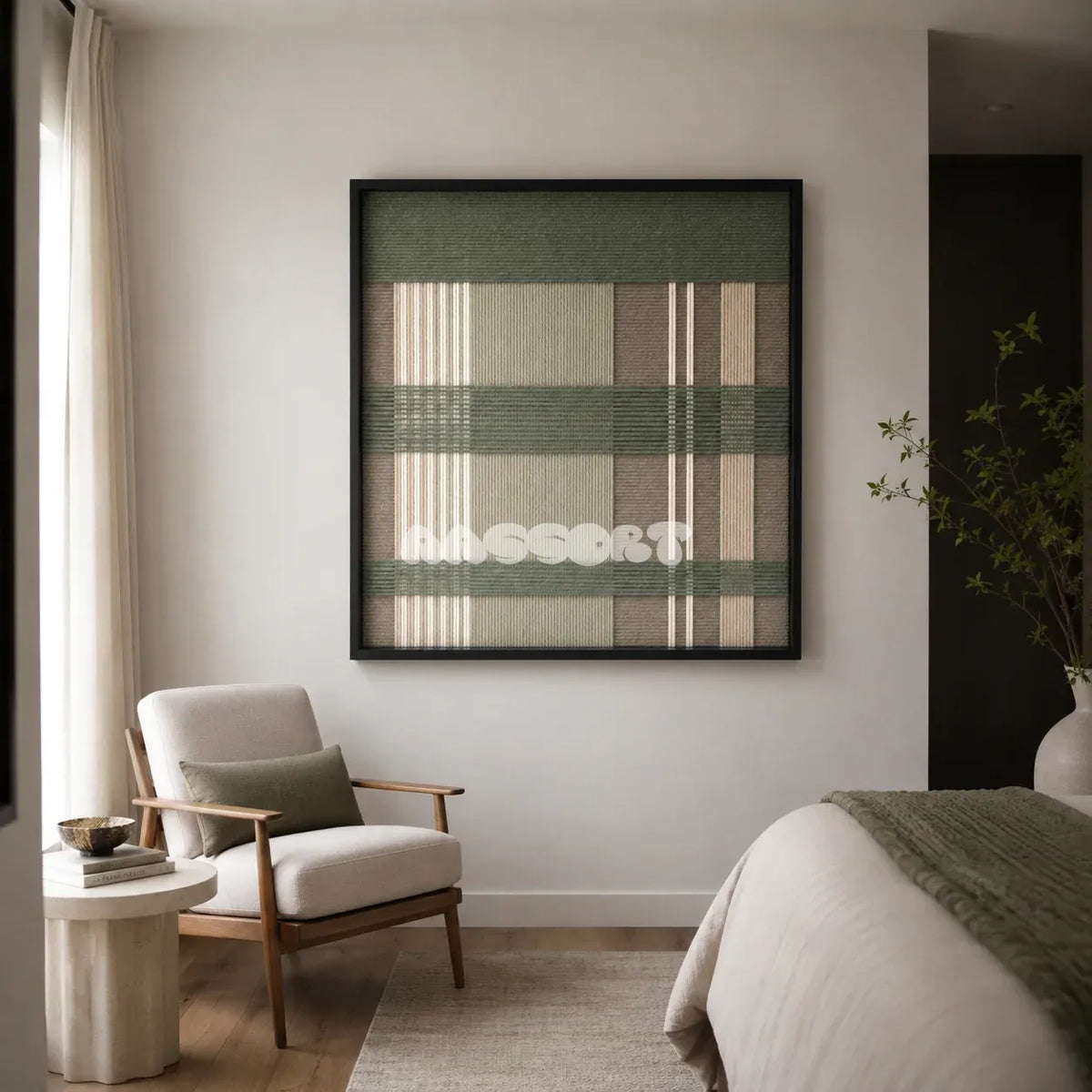 Celadon Mist SQ137 contemporary fiber wall art with celadon green, warm taupe, soft beige, and white geometry.
