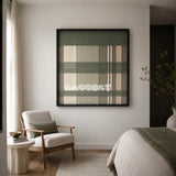 Celadon Mist SQ137 contemporary fiber wall art with celadon green, warm taupe, soft beige, and white geometry.