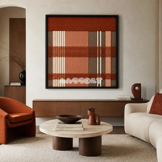 Tuscan Plaid SQ138 framed textile art with rustic terracotta, warm taupe, peach beige, and cream geometric yarn.